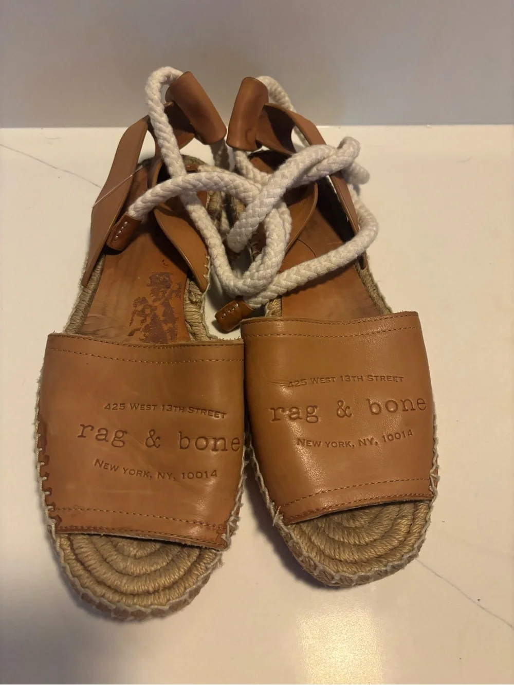 Rag Bone Estelle Tan Leather Espadrille Sandals With White Rope Ankle Tie
